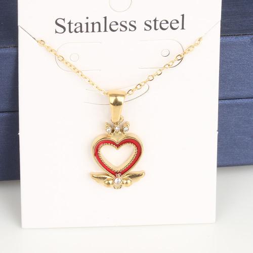 Titanium Steel Jewelry Necklace, with 5cm extender chain, Heart, Vacuum Ion Plating, fashion jewelry & Unisex & enamel & with rhinestone & hollow, red, nickel, lead & cadmium free Approx 45 cm 