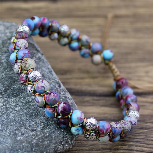 Impression Jasper Bracelet, with Knot Cord & Zinc Alloy, Round, silver color plated, Adjustable & fashion jewelry & Unisex Approx 17-26 cm 