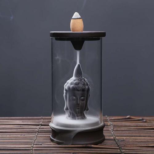 Incense Smoke Flow Backflow Holder Ceramic Incense Burner, Purple Clay, with Acrylic, Buddha, handmade, for home and office & durable 