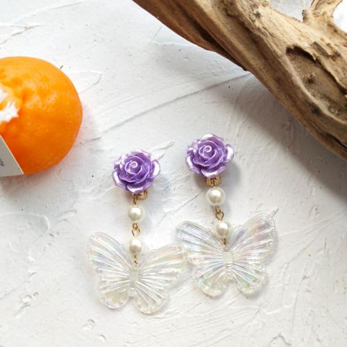 Boucle d'oreille de goutte acrylique, avec résine & perle de plastique, papillon, bijoux de mode & pour femme, 70mm, Vendu par paire