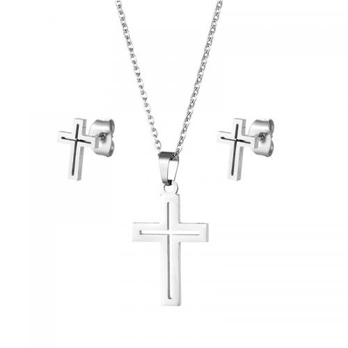 Fashion Stainless Steel Jewelry Sets, 304 Stainless Steel, Stud Earring & sweater chain necklace, Cross, polished, 2 pieces & fashion jewelry & for woman, silver color Approx 45 cm 