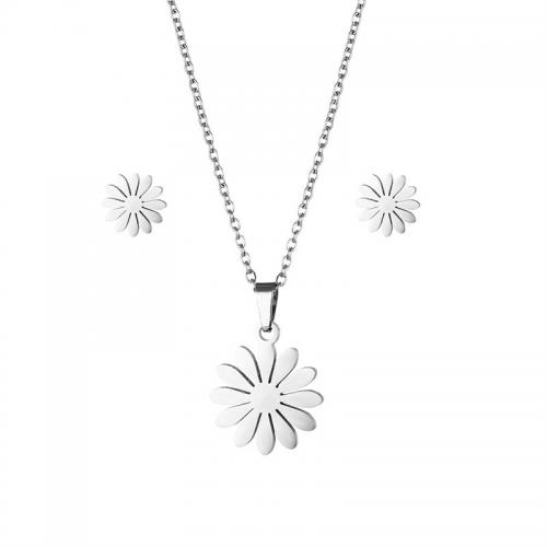 Fashion Stainless Steel Jewelry Sets, 304 Stainless Steel, Stud Earring & necklace, Daisy, 2 pieces & fashion jewelry & for woman, silver color Approx 45 cm 