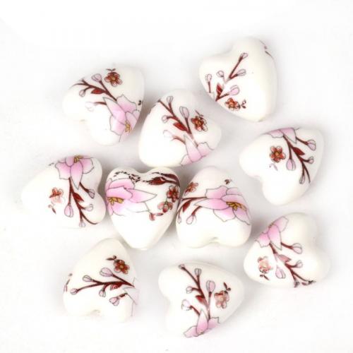 Aufkleber Porzellan Perlen, Herz, DIY & verschiedene Muster für Wahl, keine, 12x13mm, Bohrung:ca. 2mm, 10PCs/Tasche, verkauft von Tasche