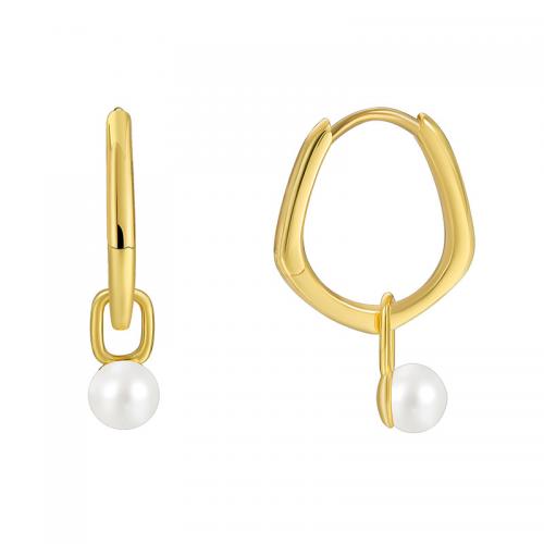 Huggie Hoop Drop Earring, Brass, with Shell Pearl, plated, for woman, golden 