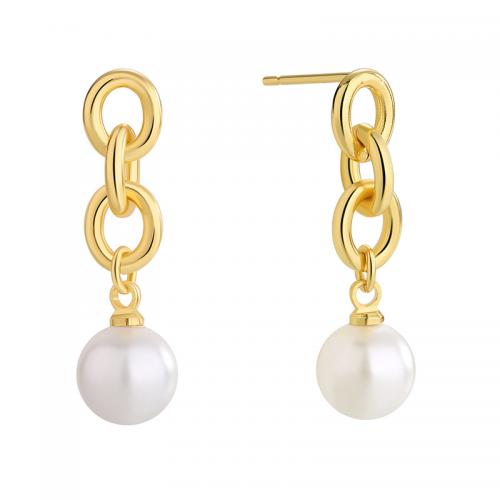 Brass Stud Earring, with Shell Pearl, plated, for woman, golden 