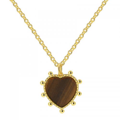 Brass Jewelry Necklace, with Tiger Eye, Heart, plated, for woman, golden 