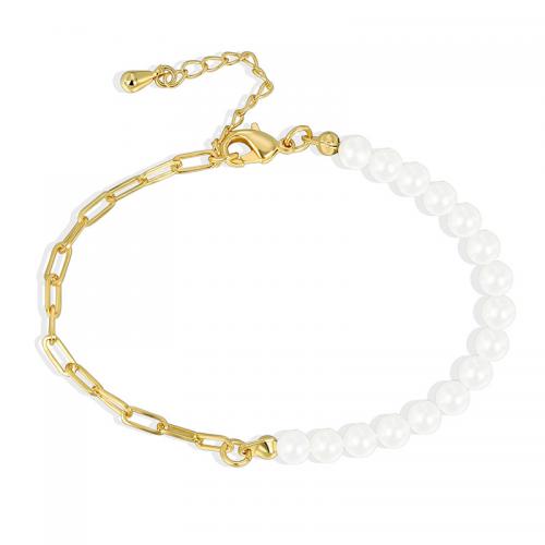 Brass Bracelets, with Shell Pearl, plated, for woman, golden 
