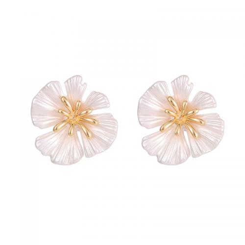 Brass Earring Stud Component, with Resin, petals, plated, DIY & micro pave cubic zirconia & enamel 