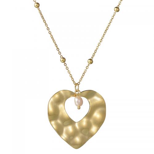 Stainless Steel Jewelry Necklace, 304 Stainless Steel, with Plastic Pearl, with 5cm extender chain, Heart, fashion jewelry & for woman, golden, 34mm Approx 44 cm 