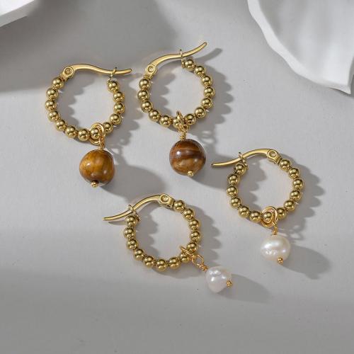 Stainless Steel Drop Earring, 304 Stainless Steel, with Tiger Eye & Plastic Pearl, fashion jewelry & for woman, golden, 34mm 