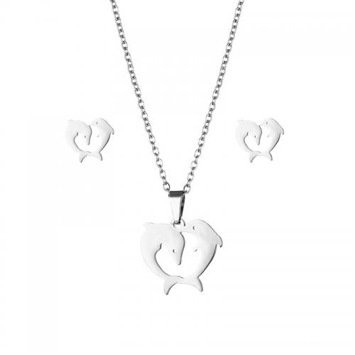 Fashion Stainless Steel Jewelry Sets, 304 Stainless Steel, Stud Earring & necklace, Dolphin, 2 pieces & fashion jewelry & for woman, silver color Approx 45 cm 