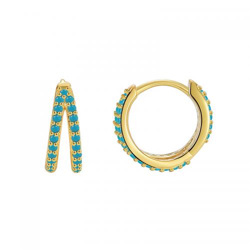 Brass Huggie Hoop Earring, with turquoise, plated, for woman, golden 