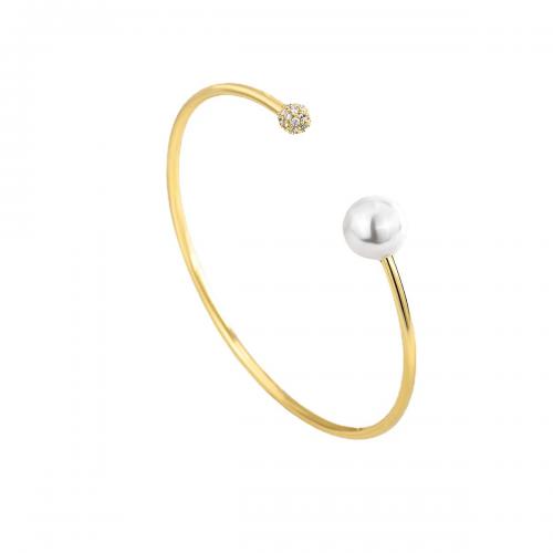 Brass Cuff Bangle, with Shell Pearl, plated, micro pave cubic zirconia & for woman, golden 