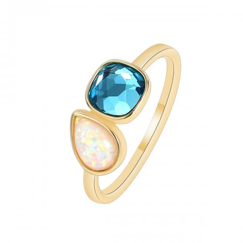 Gemstone Brass Finger Ring, with Opal, plated & micro pave cubic zirconia & for woman, golden 
