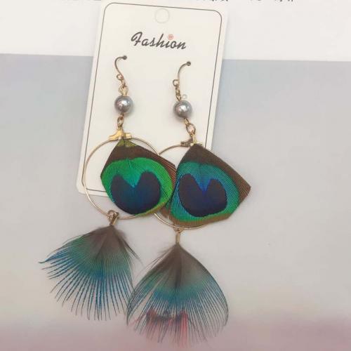 Fashion Feather Earring , with Plastic Pearl & Zinc Alloy, gold color plated, fashion jewelry & Bohemian style & for woman, mixed colors, 80mm 