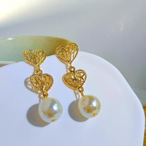 Plastic Pearl Zinc Alloy Earring, with Plastic Pearl, Heart, gold color plated, fashion jewelry & for woman & hollow, white 