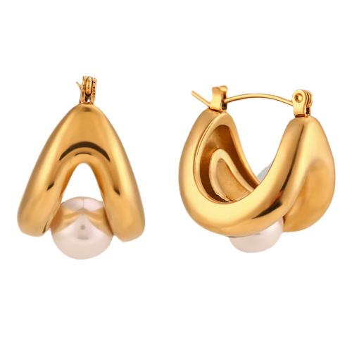 Stainless Steel Leverback Earring, 316L Stainless Steel, with Plastic Pearl, 18K gold plated, fashion jewelry & for woman 