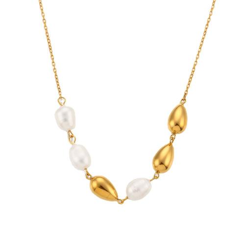 Stainless Steel Jewelry Necklace, 316L Stainless Steel, with Freshwater Pearl, with 5cm extender chain, 18K gold plated, fashion jewelry & for woman Approx 45 cm 