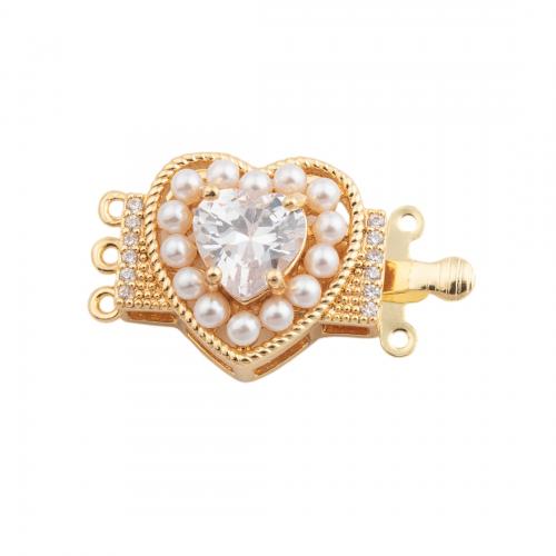 Brass Box Clasp, with Plastic Pearl, Heart, 14K gold plated, DIY & micro pave cubic zirconia Approx 0.5mm 