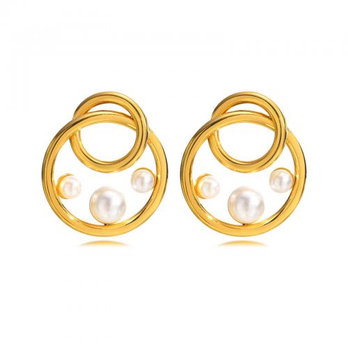 Titanium Steel Earrings, with Plastic Pearl, Vacuum Ion Plating, fashion jewelry & for woman, golden 