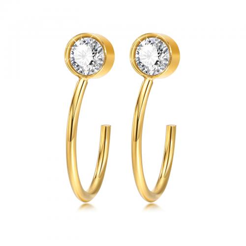 Titanium Steel Earrings, Vacuum Ion Plating, fashion jewelry & micro pave cubic zirconia & for woman, golden 
