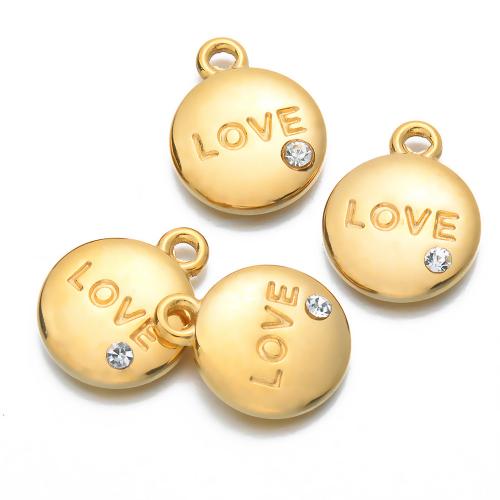 Rhinestone Stainless Steel Pendants, 304 Stainless Steel, Round, gold color plated, DIY & with rhinestone [
