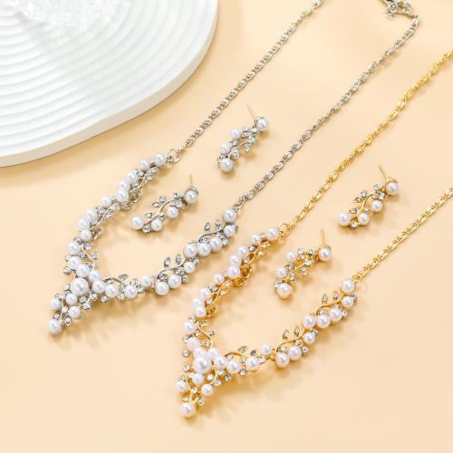 Fashion Zinc Alloy Jewelry Sets, Stud Earring & sweater chain necklace, with Plastic Pearl, plated, fashion jewelry & for woman & with rhinestone [