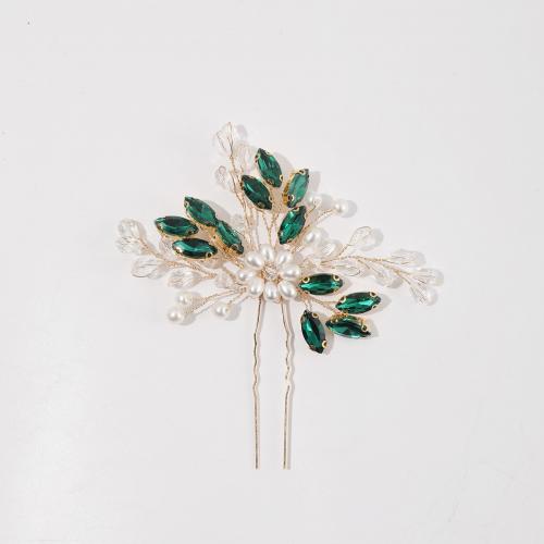 Hair Stick, brass wire, with Rhinestone & Plastic Pearl, fashion jewelry & for woman, green 
