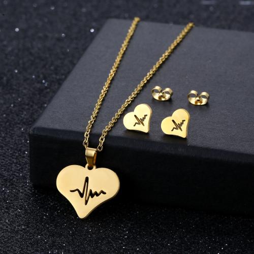 Fashion Stainless Steel Jewelry Sets, 304 Stainless Steel, Stud Earring & necklace, polished, 2 pieces & fashion jewelry & for woman, golden Approx 45 cm 