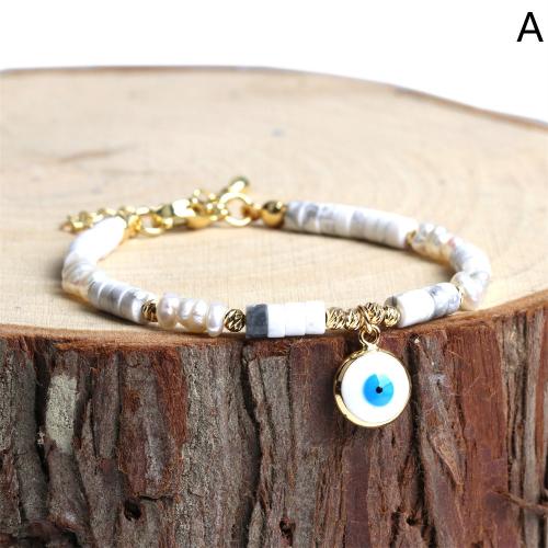Evil Eye Jewelry Bracelet, Gemstone, with Freshwater Pearl & Brass, gold color plated, fashion jewelry & for woman & enamel Approx 16-22 cm 