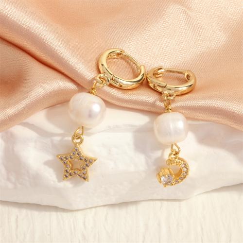 Freshwater Pearl Brass Earring, with Cubic Zirconia & Freshwater Pearl, Moon and Star, gold color plated, fashion jewelry & for woman, white 