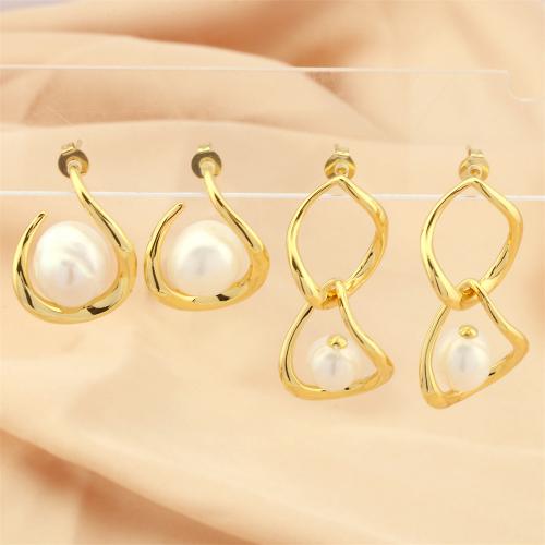 Freshwater Pearl Brass Earring, with Freshwater Pearl, gold color plated, fashion jewelry & for woman & hollow 