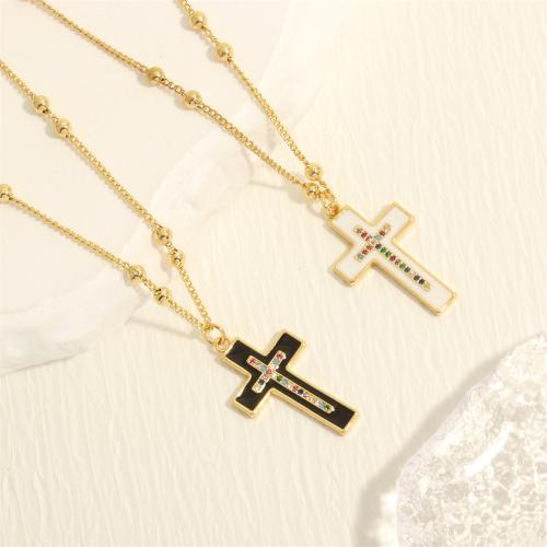Cubic Zircon Micro Pave Brass Necklace, with 5cm extender chain, Cross, gold color plated, fashion jewelry & micro pave cubic zirconia & for woman & enamel Approx 45 cm 