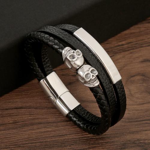 PU Leather Cord Bracelets, with 304 Stainless Steel, Skull, handmade, three layers & fashion jewelry & for man Approx 21.5 cm 