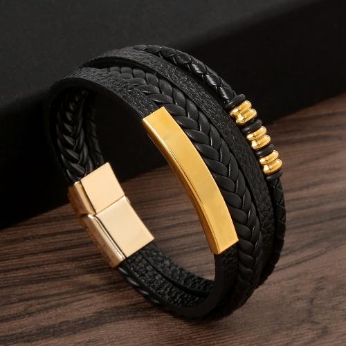 PU Leather Cord Bracelets, with 304 Stainless Steel & Zinc Alloy, handmade, fashion jewelry & multilayer & for man Approx 21 cm 