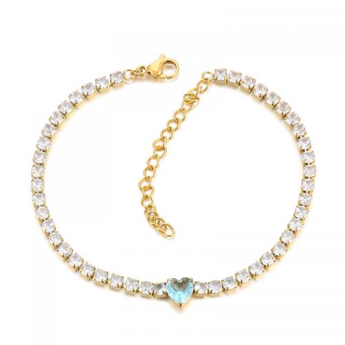 Stainless Steel Charm Bracelet, 304 Stainless Steel, with Glass Rhinestone, with 5cm extender chain, Heart, Vacuum Ion Plating, fashion jewelry & for woman 3mm cm 