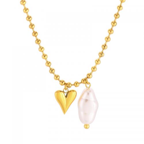Edelstahl Schmuck Halskette, 304 Edelstahl, mit Kunststoff Perlen, Herz, Vakuum-Ionen-Beschichtung, Modeschmuck & für Frau, keine, verkauft von PC