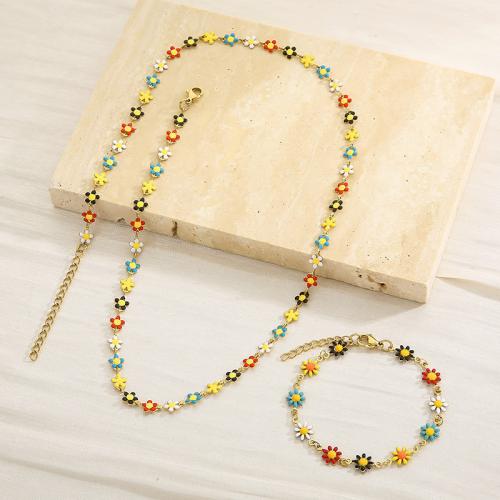 Enamel Stainless Steel Jewelry Sets, 304 Stainless Steel, bracelet & necklace, Daisy, Vacuum Ion Plating, fashion jewelry & for woman 