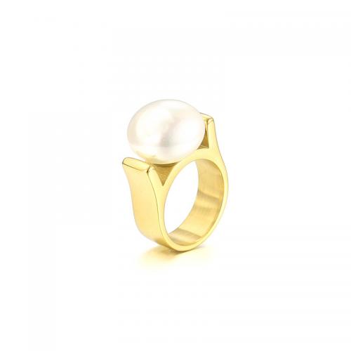 Stainless Steel Finger Ring, 304 Stainless Steel, with Shell Pearl, Vacuum Ion Plating, fashion jewelry & for woman 