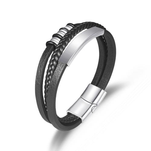 PU Leather Cord Bracelets, with 304 Stainless Steel & Zinc Alloy, fashion jewelry & for man, black cm 