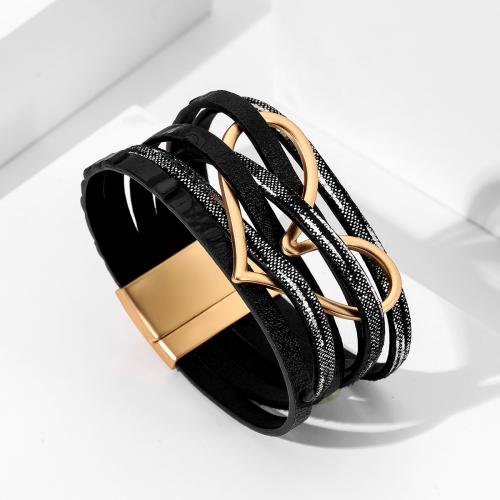 PU Leather Cord Bracelets, with Zinc Alloy, Heart, gold color plated, fashion jewelry & multilayer & for woman Approx 21 cm 