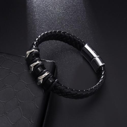 PU Leather Cord Bracelets, with Zinc Alloy, fashion jewelry & for man, black Approx 21 cm 