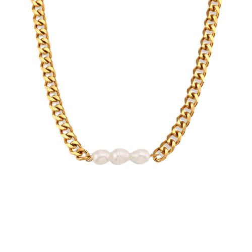 Natural Freshwater Pearl Necklace, 304 Stainless Steel, with Freshwater Pearl, with 5cm extender chain, Vacuum Ion Plating, fashion jewelry & for woman, gold Approx 40 cm 