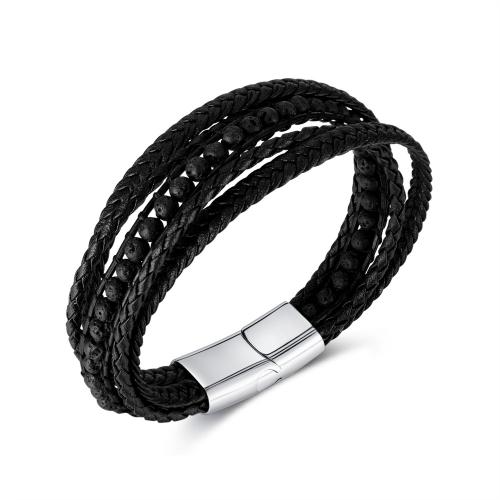 PU Leather Cord Bracelets, with Lava & 304 Stainless Steel, handmade, fashion jewelry & for man, black mm Approx 205 mm 