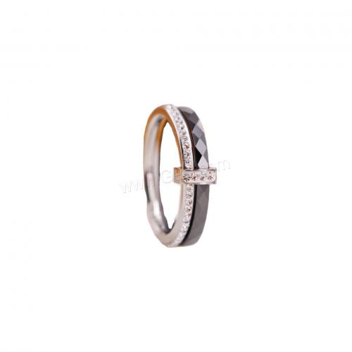 Titanium Steel Finger Ring, with Porcelain, Vacuum Ion Plating & for woman & with rhinestone 