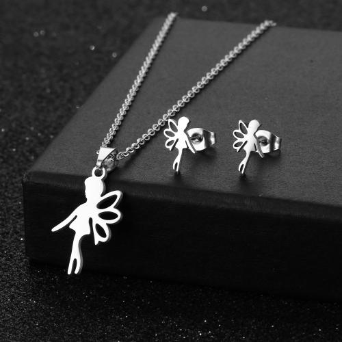 Fashion Stainless Steel Jewelry Sets, 304 Stainless Steel, Stud Earring & necklace, polished, 2 pieces & fashion jewelry & for woman, silver color Approx 45 cm 
