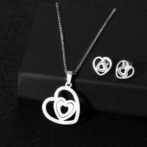 Fashion Stainless Steel Jewelry Sets, 304 Stainless Steel, Stud Earring & necklace, polished, 2 pieces & fashion jewelry & for woman, silver color Approx 45 cm 