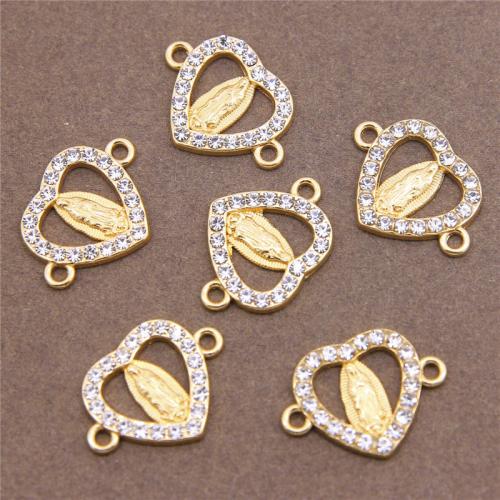 Zinc Alloy Charm Connector, Heart, gold color plated, fashion jewelry & DIY & with rhinestone & 1/1 loop & hollow, Approx 