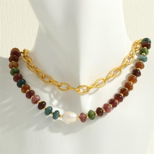 Gemstone Necklaces, Tourmaline, with Freshwater Pearl & Brass, with 5cm extender chain, gold color plated, fashion jewelry & for woman Approx 40 cm 