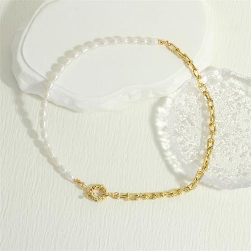 Collier de chaîne en laiton de perles d'eau douce, avec perle d'eau douce cultivée, Placage de couleur d'or, bijoux de mode & pour femme, blanc Environ 40 cm, Vendu par PC